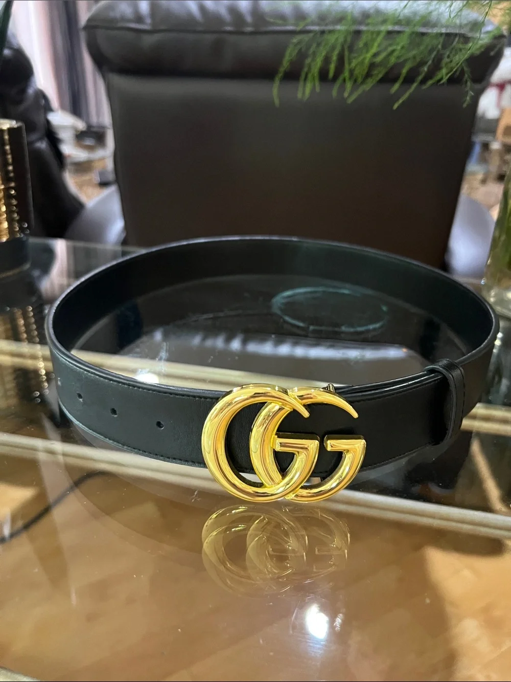 Gucci Black Leather Belt with Gold Double G Buckle